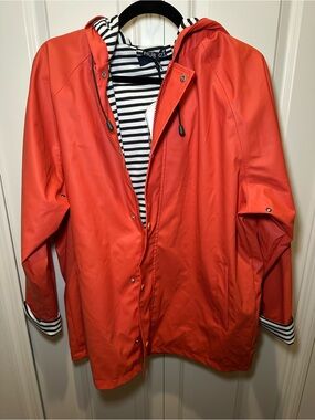HUBLOT Orange Waterproof Hooded Raincoat with Striped Liner NWT
